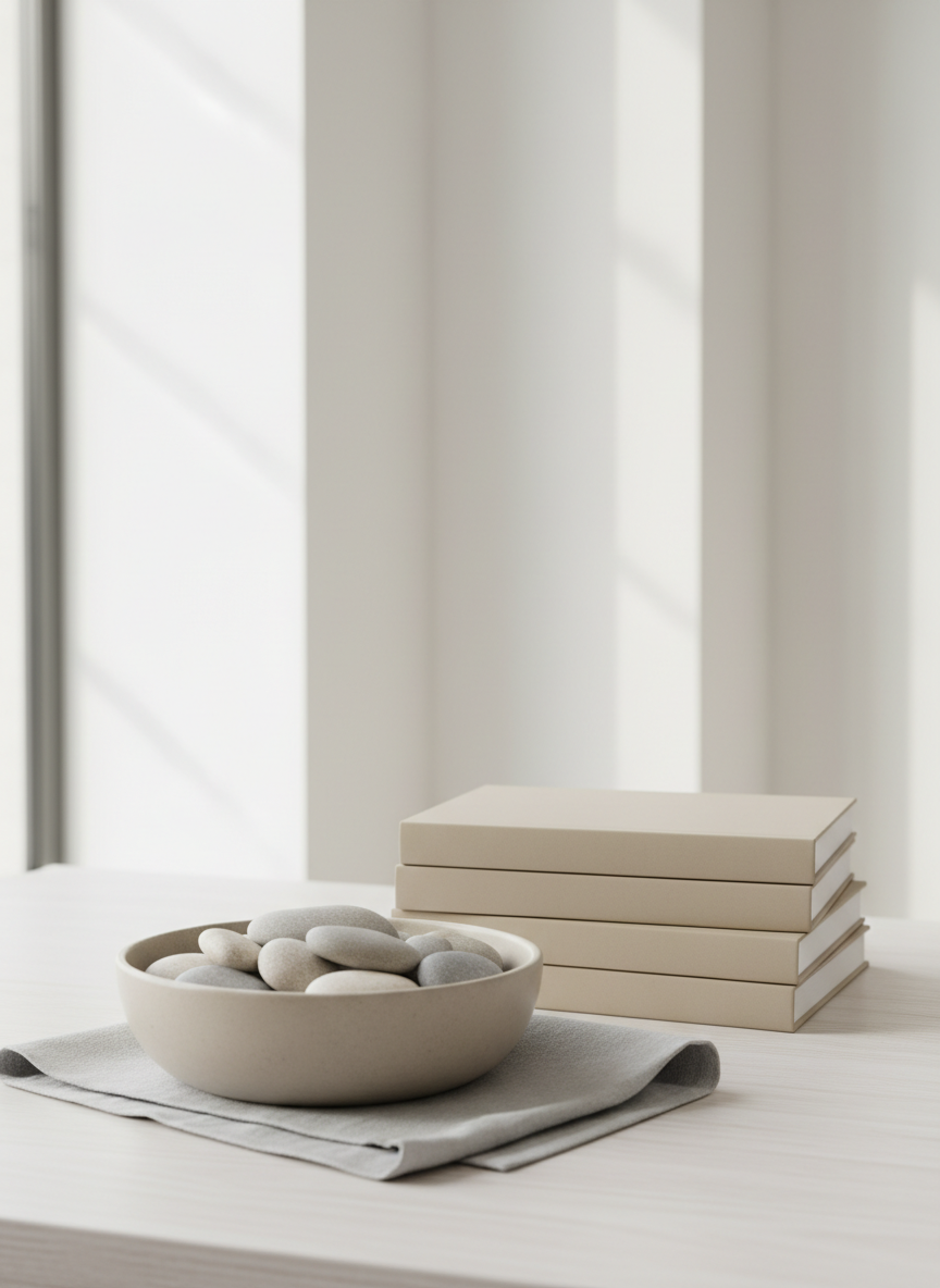 A structured still life arrangement of wellness objects for a holistic business: a neutral-toned ceramic bowl filled with polished river stones and a gently folded light grey linen towel, placed on a smooth, pale wooden table. Behind, there's a meticulously stacked set of hardcover wellness books in matte, sand-colored covers. The setting is a bright, modern interior with clean architectural lines and a soft, diffused natural light filtering in from an unseen window, casting subtle, gentle shadows. The mood is calm, professional, and inviting, emphasizing a sense of order and balance. Captured from a slightly elevated angle with a sharp, detailed focus, the composition follows a balanced photographic realism, accentuating clean lines and a serene corporate wellness aesthetic that directly reflects holistic wellness values.