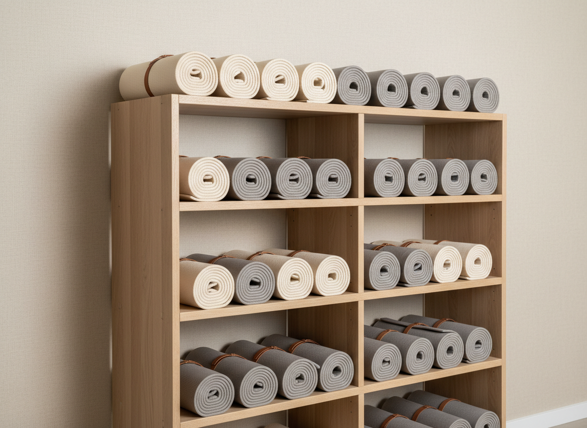 A harmonious collection of neatly rolled organic cotton yoga mats in natural cream and dove grey tones, stacked precisely on an open, pale oak shelving unit. The backdrop is a seamless, light neutral wall with a subtle linen texture, enhancing the calm environment. Soft studio lighting envelops the scene, providing clear visibility and creating muted, clean-edged shadows for a structured look. The overall mood is serene, ordered, and accessible, offering a sense of welcoming inclusivity. Captured at a gentle side angle, the composition employs the rule of thirds, emphasizing balance and clarity. The photographic style is clean and minimal, perfectly aligning with the holistic, professional, and corporate aesthetic of Sirius Wellness Collective's services page.