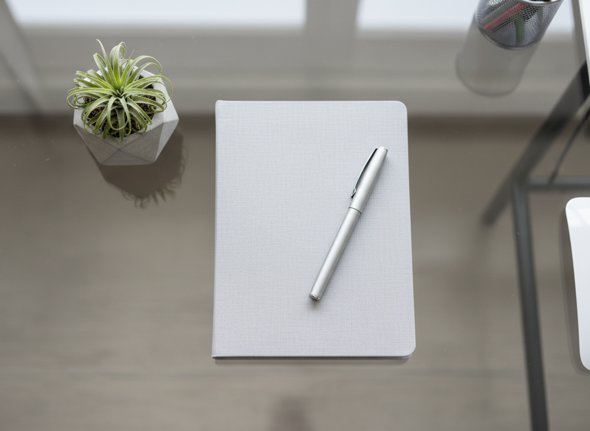 A clean notebook with a pale grey textured cover and a pen with a matte silver barrel, elegantly placed on a glass-topped desk. Nearby, a small, geometric concrete planter holds a neatly trimmed air plant, adding subtle organic contrast. The environment features a streamlined workspace with balanced spacing, set in an office with soft, indirect daylight from overhead, resulting in minimal shadows and gentle highlights on the glass surface. The mood is focused, reflective, and professional, ideal for a holistic wellness educational setting. Shot from an overhead top-down angle, the composition is centered and balanced, retaining crisp clarity and photographic realism with neutral tones, perfect for Sirius Wellness Collective's educational blog or workshop section.