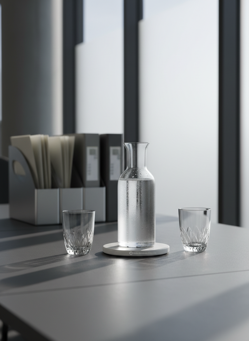 An elegant glass water pitcher with condensation beads glistening on its surface, accompanied by a minimalist white stone coaster and two clear crystal drinking glasses, positioned atop a structured slate-grey desk. In the background, a neatly organized set of metallic office organizers holds crisp, neutral-hued folders. Soft morning light filters sideways through frosted glass partitions, creating subtle highlights and clean, elongated shadows. The atmosphere communicates clarity, mindfulness, and professionalism. The camera is set at eye level with the objects centered, utilizing a shallow depth of field to softly blur the background, maintaining a modern, photographic, and corporate look that aligns with Sirius Wellness Collective's accessible, educational approach.