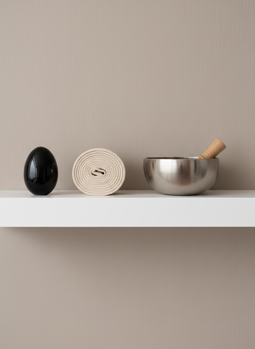 A tastefully arranged display of holistic service symbols placed on a pristine matte white shelf: a smooth obsidian meditation stone, a coiled light beige yoga strap, and a brushed stainless steel singing bowl. Set against a neutral taupe wall with subtle vertical texture, the composition is organized with ample negative space for a structured, uncluttered appearance. The lighting is bright yet diffused, illuminating every object clearly but creating delicate, soft-edged shadows that ground the items. The overall mood feels balanced and quietly empowering, with a professional tone. Captured from a side angle and framed with a strong sense of symmetry, the image exhibits photographic realism and a minimalist, clean-lined design befitting a holistic wellness business setting.